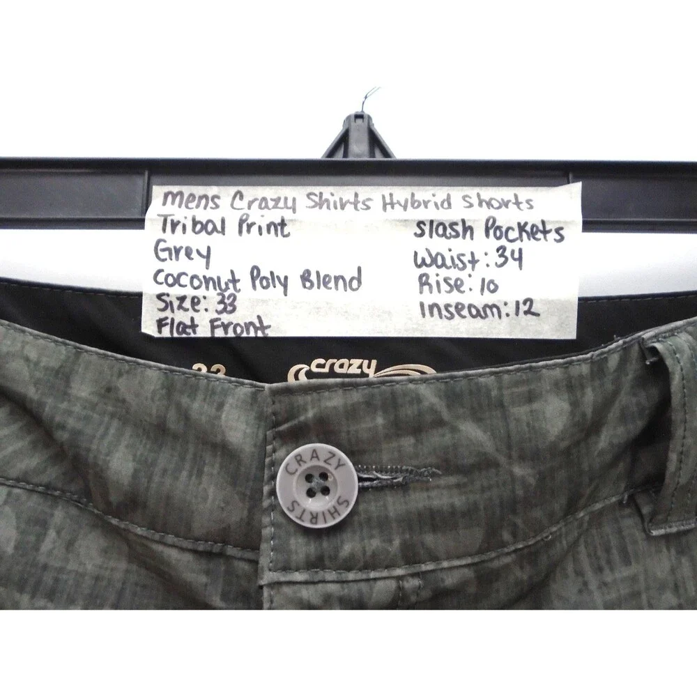 Crazy Shirts Mens Hybrid Shorts Size 33 Grey Tribal Print Coconut Poly Blend